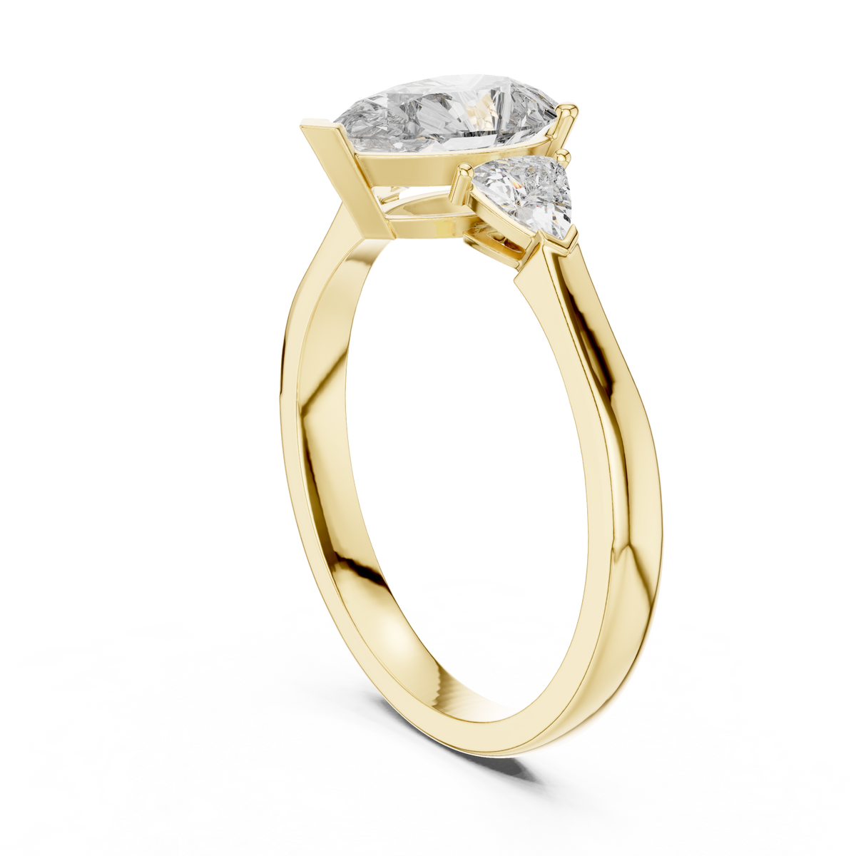 Pear and Trillion Three Stone Moissanite Ring in yellow 925 sterling silver, view 1