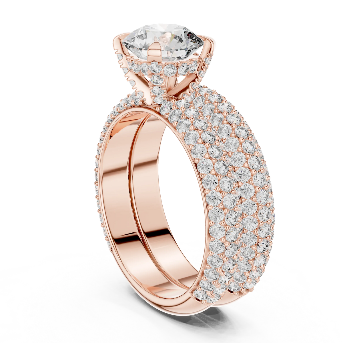 Round Solitaire Moissanite Ring with Wide Pavé Band in rose 925 sterling silver, view 1
