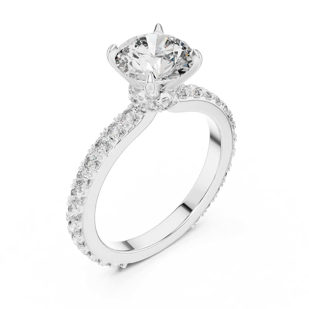 Round Solitaire Moissanite Ring with Hidden Halo and Pavé Band in white 925 sterling silver, view 2