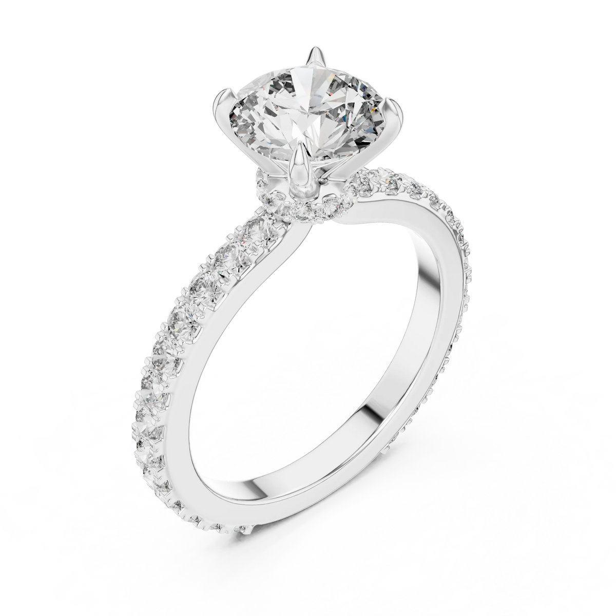 Round Solitaire Moissanite Ring with Hidden Halo and Pavé Band in white 925 sterling silver, view 2