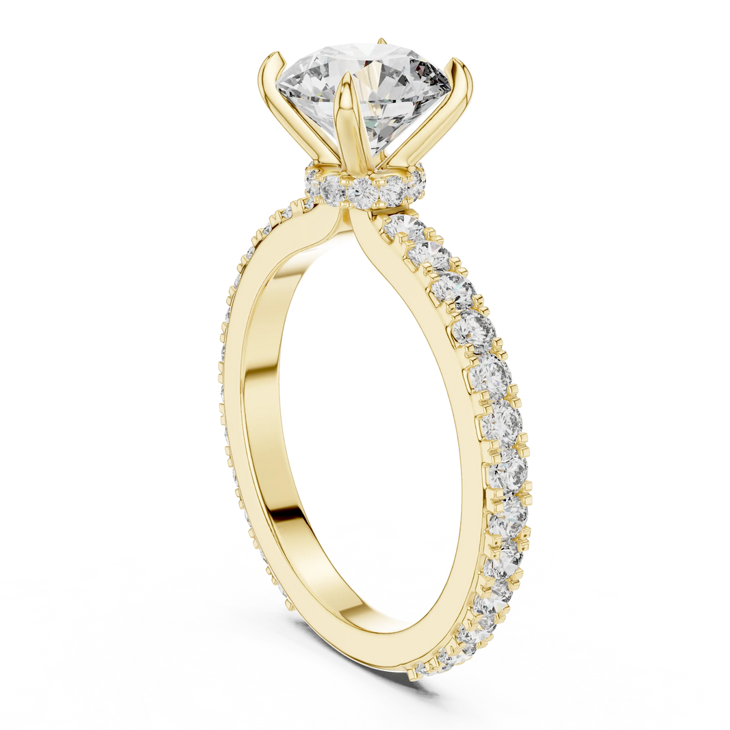 Round Solitaire Moissanite Ring with Hidden Halo and Pavé Band in yellow 925 sterling silver, view 1