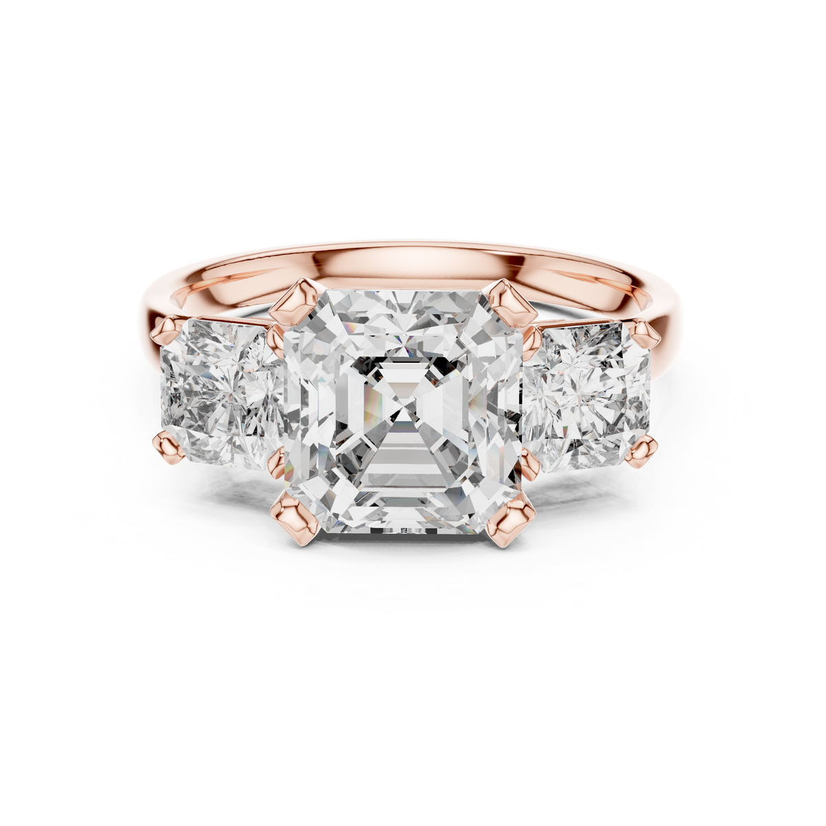 Asscher Cut Three Stone Moissanite Statement Ring in rose 925 sterling silver, view 4