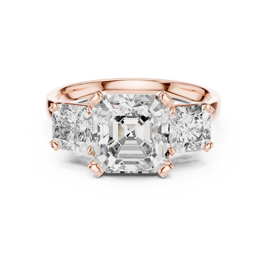 Asscher Cut Three Stone Moissanite Statement Ring in rose 925 sterling silver, view 4