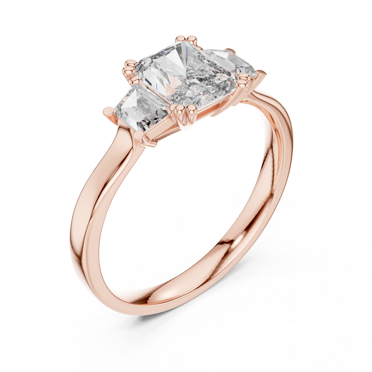 Radiant Cut Moissanite Ring with Trapezoid Side Stones in rose 925 sterling silver, view 2