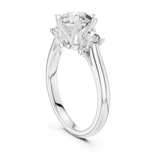Round Three Stone Moissanite Engagement Ring in white 925 sterling silver, view 1