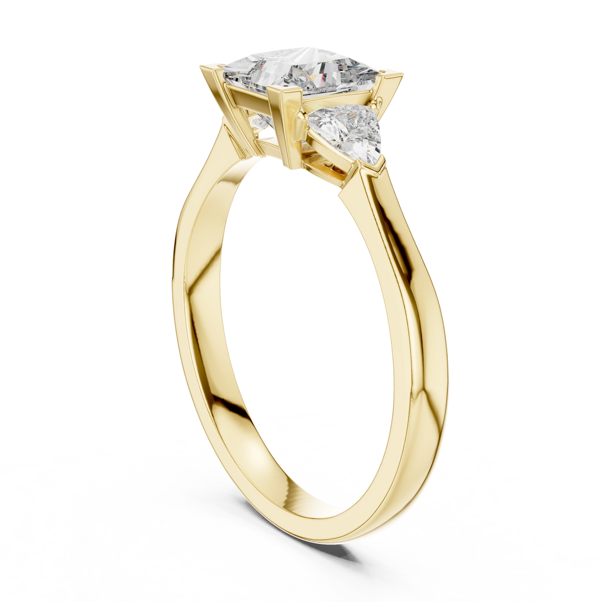 Princess Cut and Trillion Three Stone Moissanite Ring in yellow 925 sterling silver, view 1
