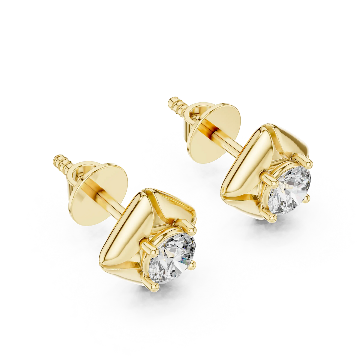 Round moissanite petal frame stud earrings in yellow 925 sterling silver, view 2