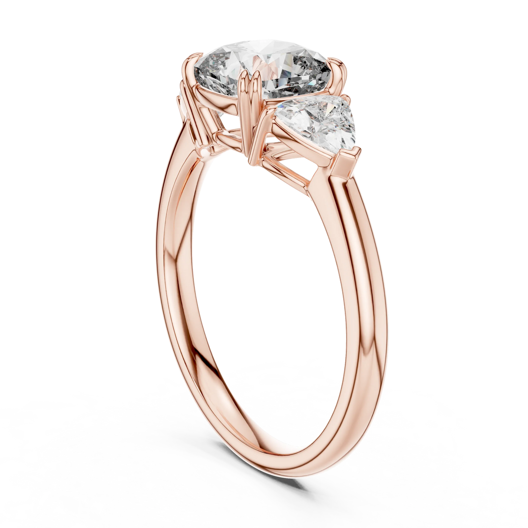Cushion and Trillion Three Stone Moissanite Ring, Large Side Stones in rose 925 sterling silver, view 1