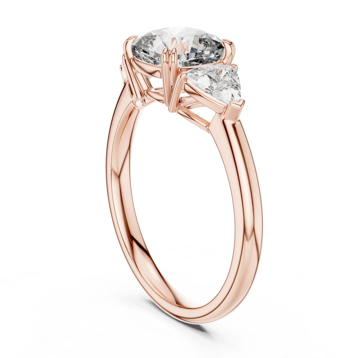 Cushion and Trillion Three Stone Moissanite Ring, Large Side Stones in rose 925 sterling silver, view 1