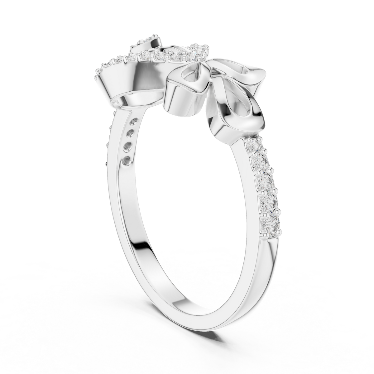 Teardrop Sunburst and Bow Pavé Moissanite Ring in white 925 sterling silver, view 1