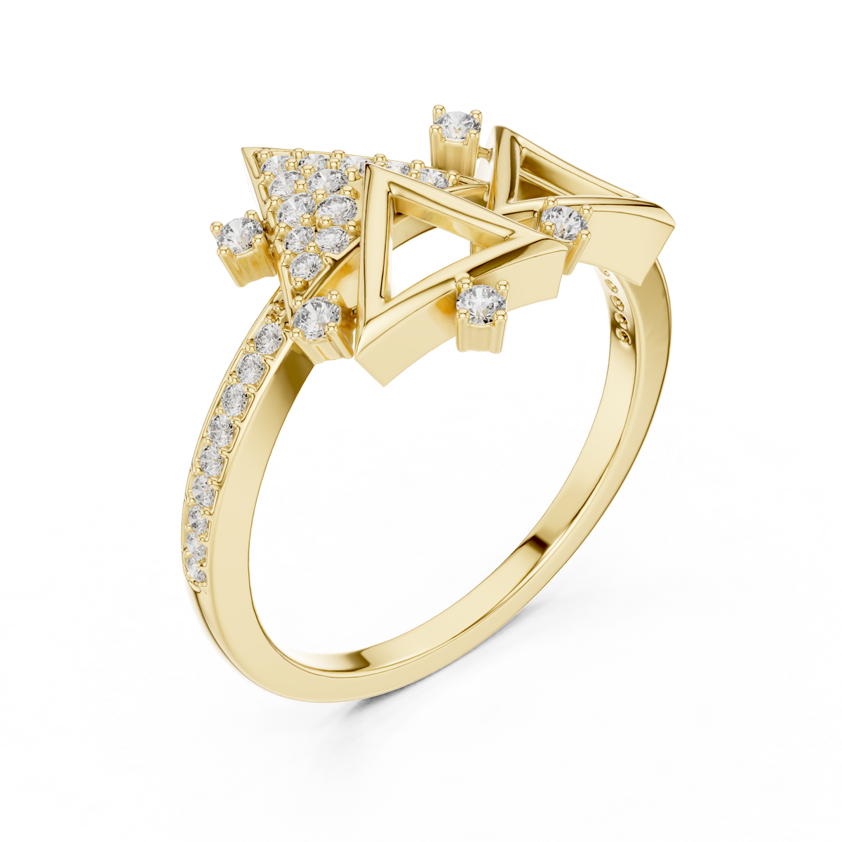 Geometric Triangle Pavé Moissanite Cocktail Ring in yellow 925 sterling silver, view 2