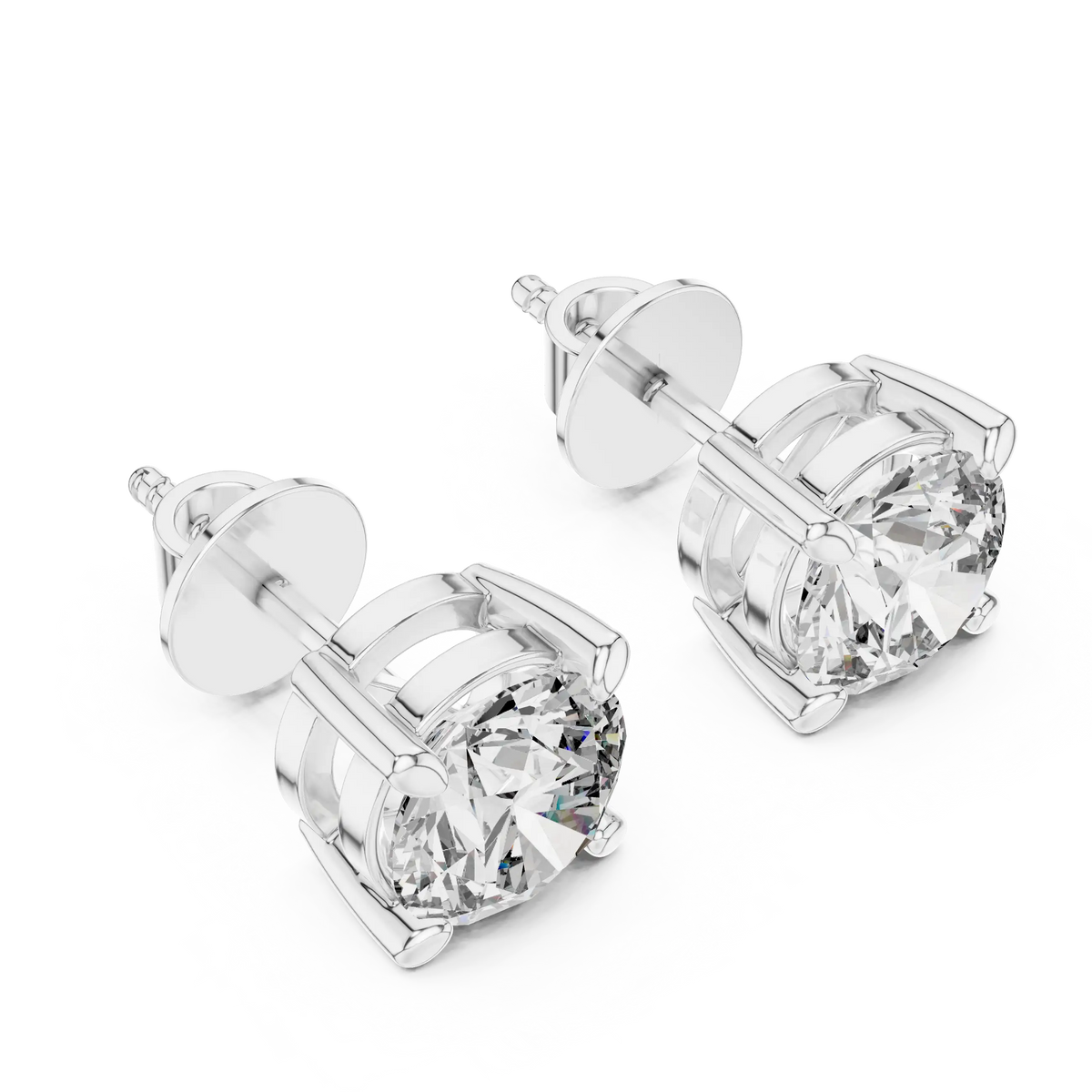 Round moissanite tiger prong stud earrings in white 925 sterling silver, view 2