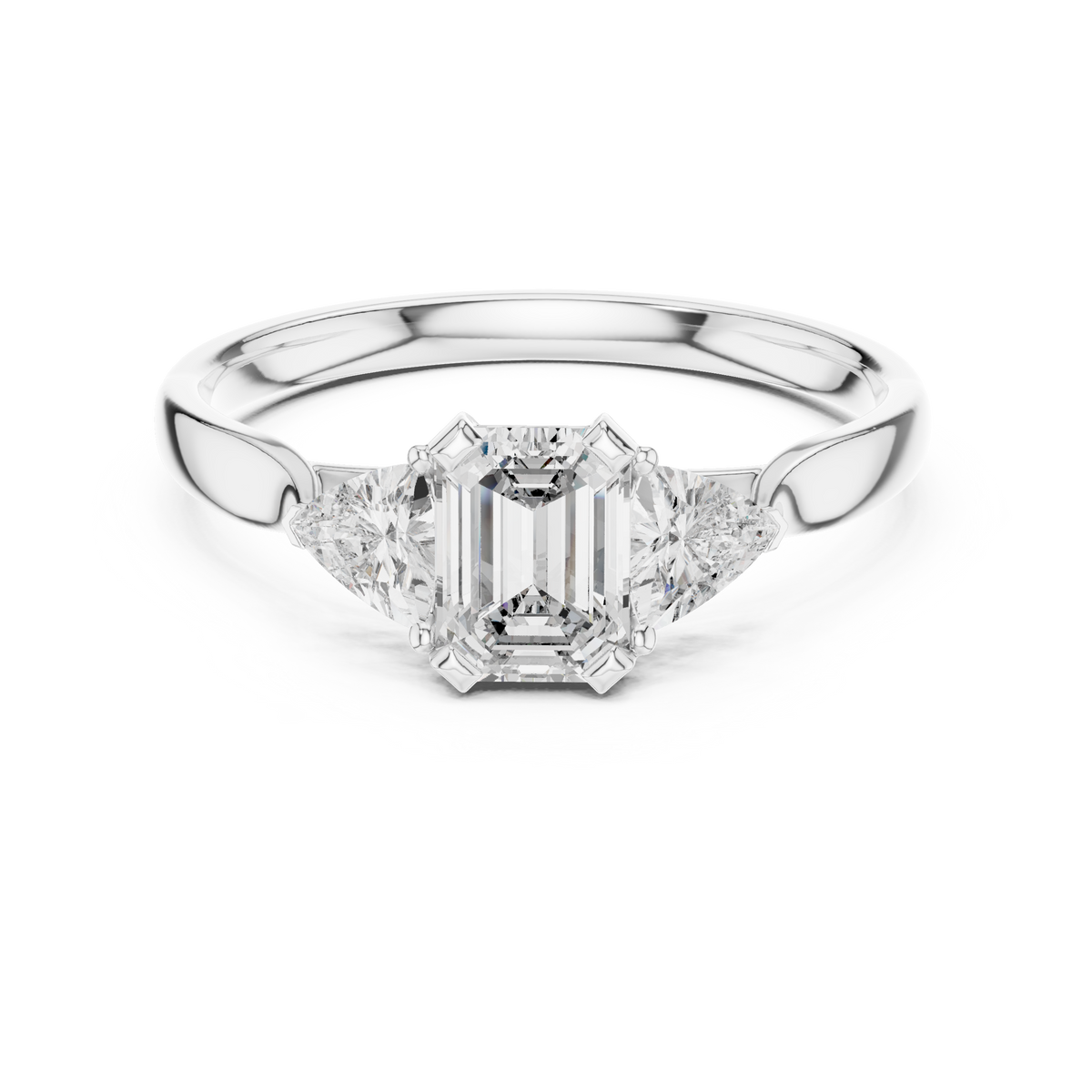 Emerald Cut and Trillion Three Stone Moissanite Ring in white 925 sterling silver, view 4