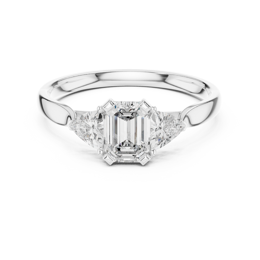 Emerald Cut and Trillion Three Stone Moissanite Ring in white 925 sterling silver, view 4