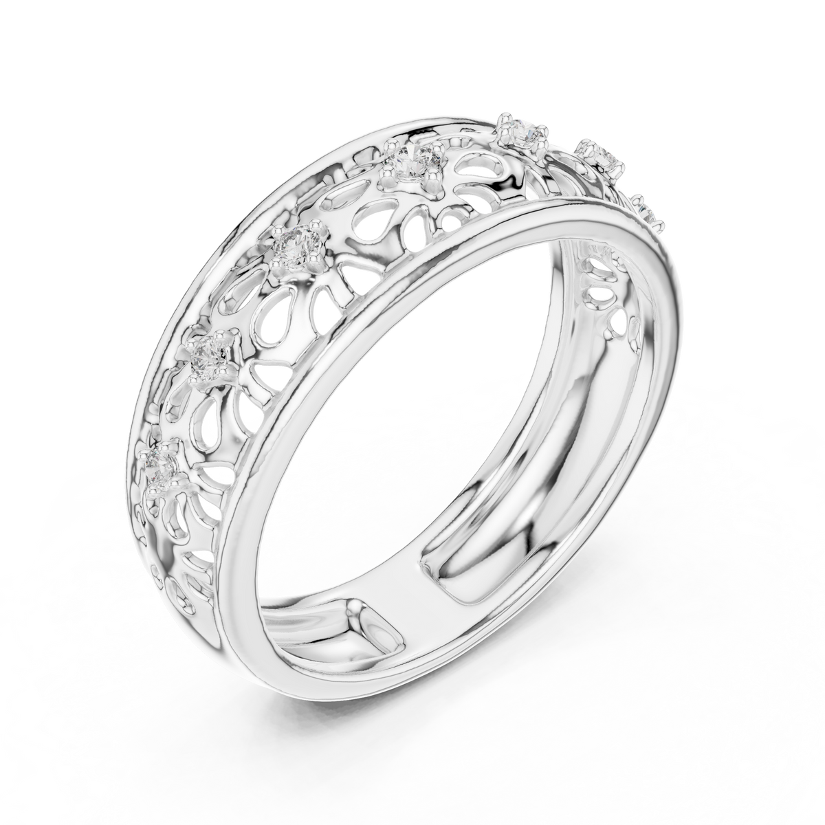 Floral Filigree Moissanite Band in white 925 sterling silver, view 2