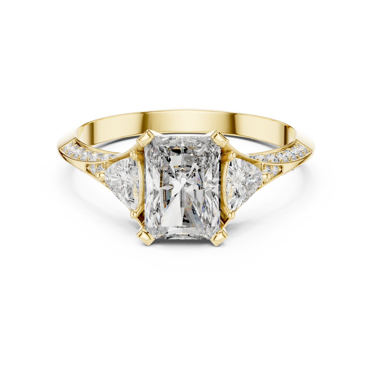Radiant Cut and Curved Trillion Moissanite Ring with Pavé Split Shoulders in yellow 925 sterling silver, view 4
