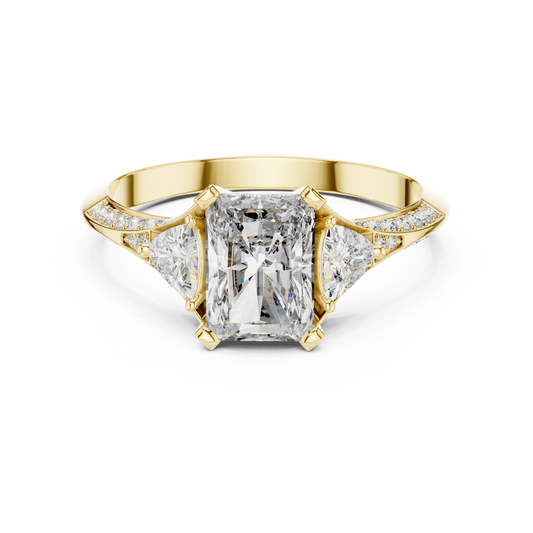 Radiant Cut and Curved Trillion Moissanite Ring with Pavé Split Shoulders in yellow 925 sterling silver, view 4