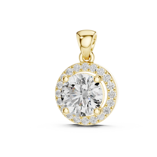 Round Halo Moissanite Pendant in yellow 925 sterling silver, view 2