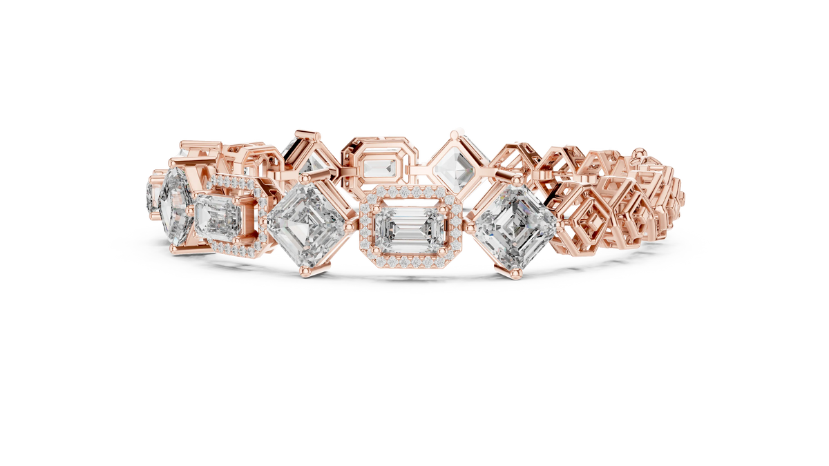 Asscher and Emerald Halo Station Moissanite Bracelet in rose 925 sterling silver, view 4