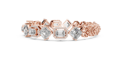 Asscher and Emerald Halo Station Moissanite Bracelet in rose 925 sterling silver, view 4