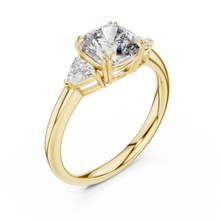 Cushion and Trillion Three Stone Moissanite Ring in yellow 925 sterling silver, view 2