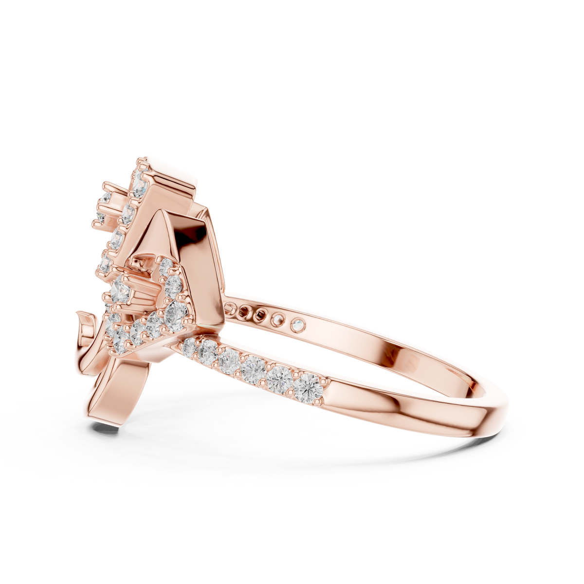 Geometric Pavé Fan and Swirl Moissanite Ring in rose 925 sterling silver, view 3