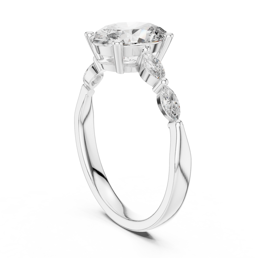 Oval Moissanite Ring with Marquise Accent Shoulders in white 925 sterling silver, view 1
