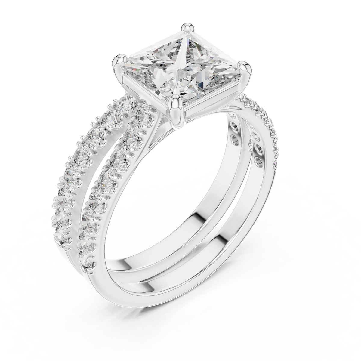 Princess Cut Moissanite Double Pavé Band Ring in white 925 sterling silver, view 2