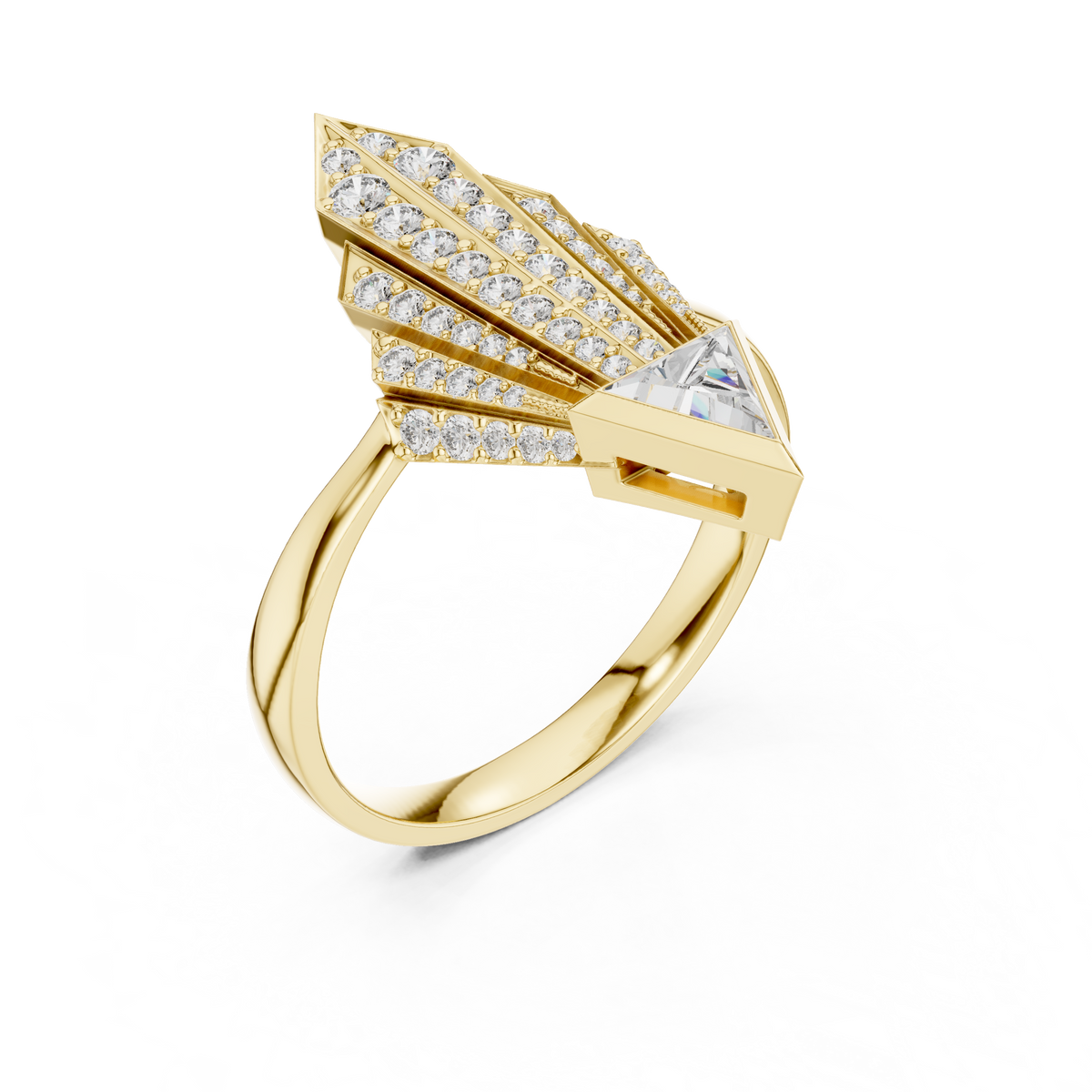 Art Deco Pavé Fan Moissanite Shield Ring in yellow 925 sterling silver, view 2