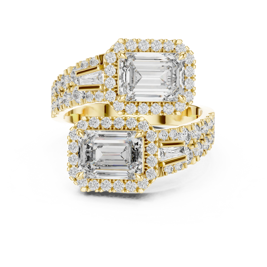 Emerald Cut Halo Toi et Moi Moissanite Bypass Ring in yellow 925 sterling silver, view 4