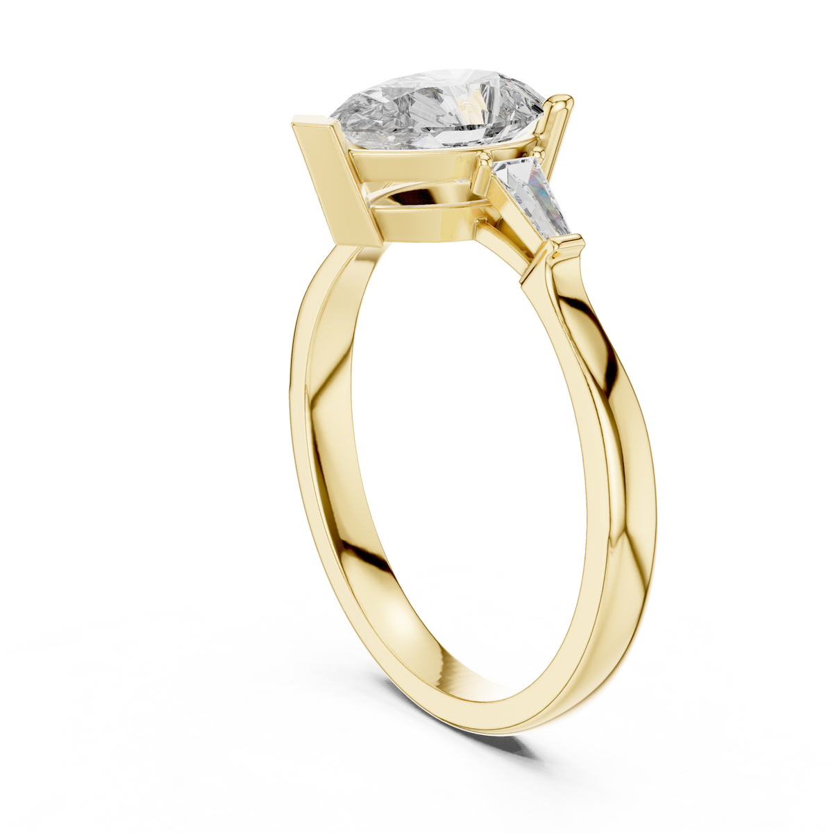 Pear Moissanite Ring with Tapered Baguette Sides in yellow 925 sterling silver, view 1