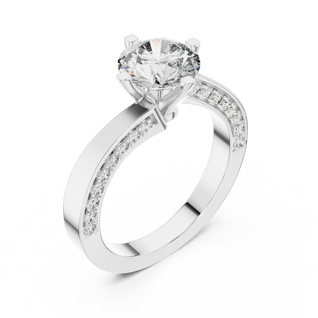 Round Solitaire Moissanite Ring with Pavé Cathedral Shank in white 925 sterling silver, view 2