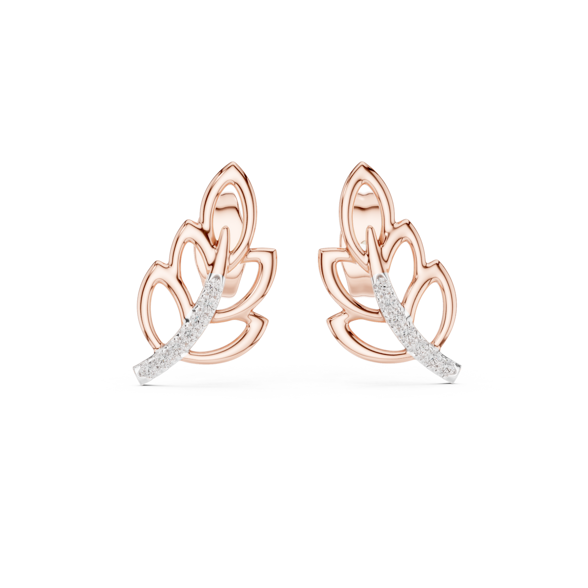 Moissanite Leaf Branch Stud Earrings in rose 925 sterling silver, view 4