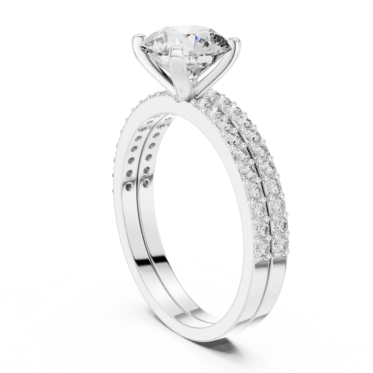 Round Solitaire Moissanite Ring with Double Pavé Band in white 925 sterling silver, view 1