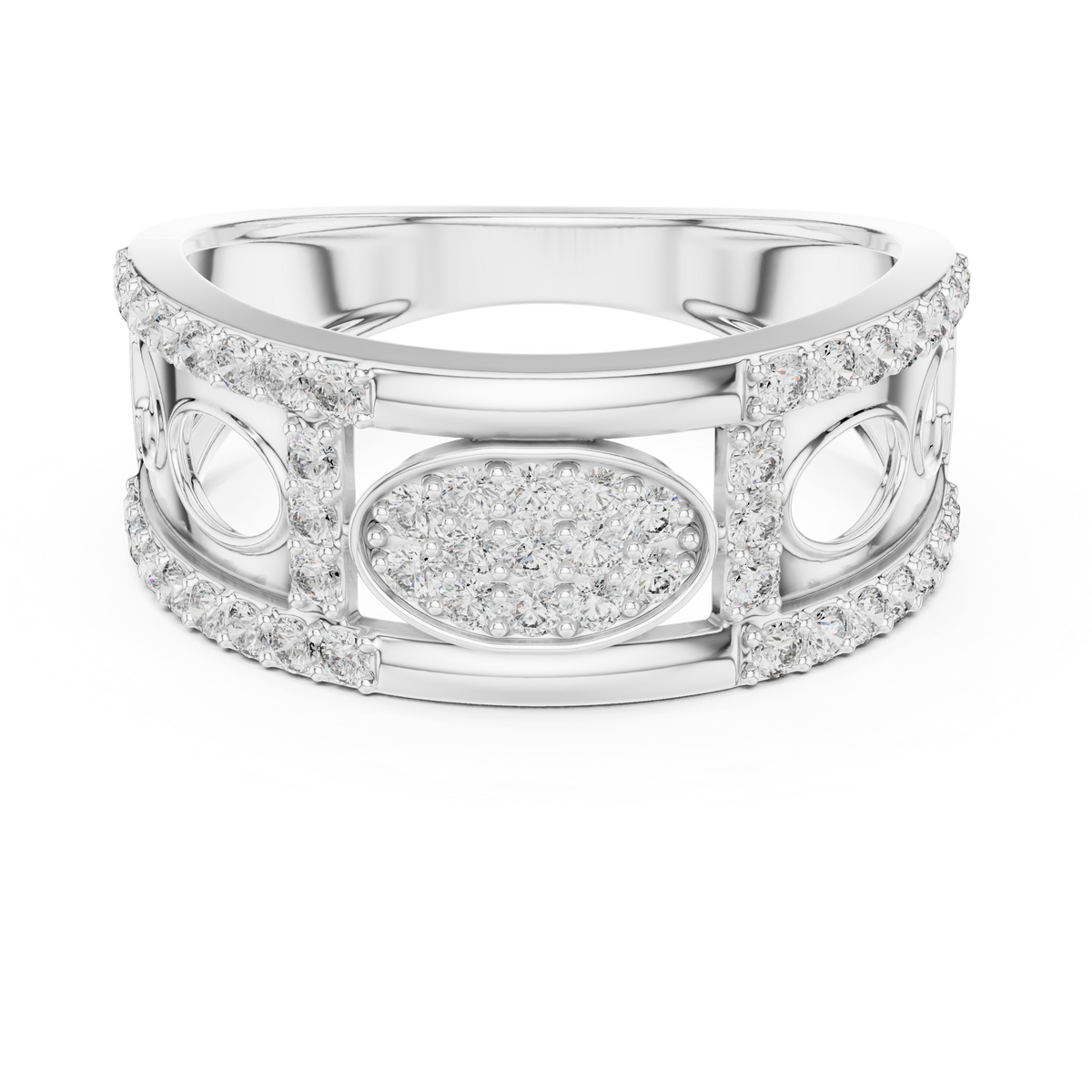 Oval Pavé Cluster Openwork Moissanite Statement Band in white 925 sterling silver, view 4