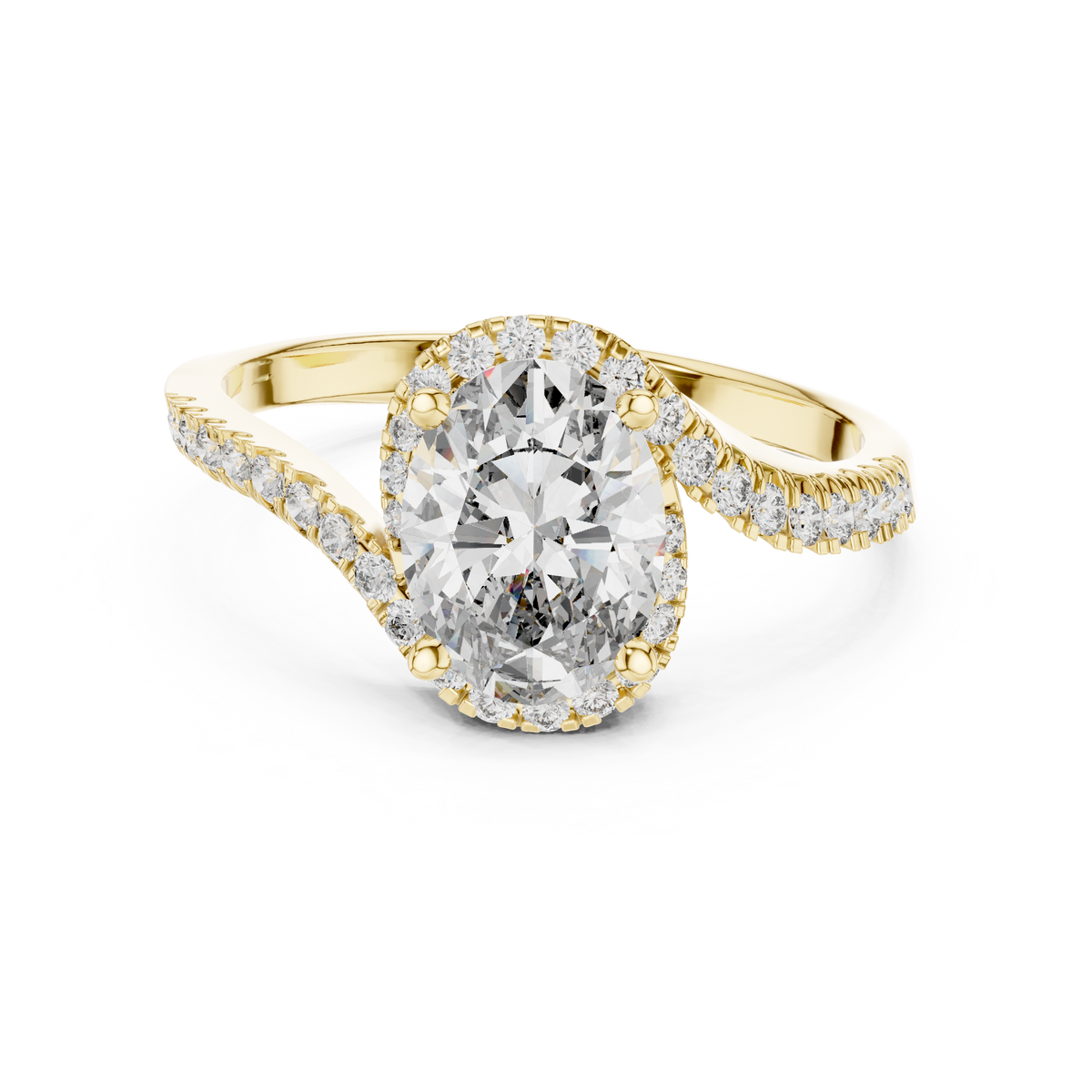 Oval Halo Moissanite Swirl Bypass Ring in yellow 925 sterling silver, view 4