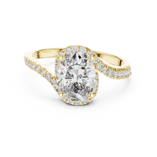Oval Halo Moissanite Swirl Bypass Ring in yellow 925 sterling silver, view 4