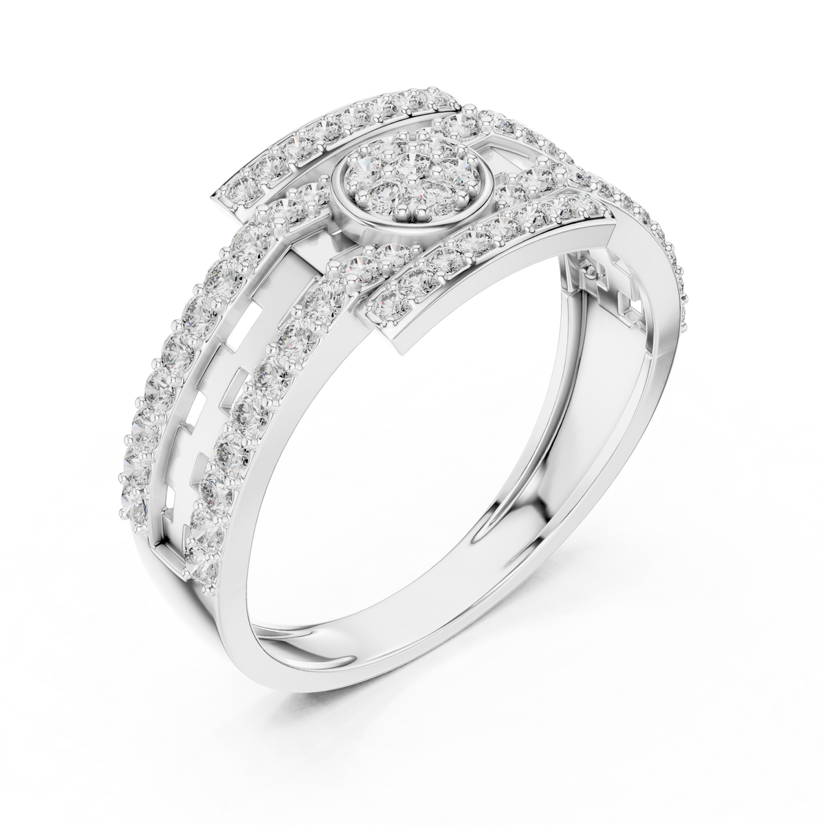 Round Cluster Multi-Row Moissanite Statement Band in white 925 sterling silver, view 2