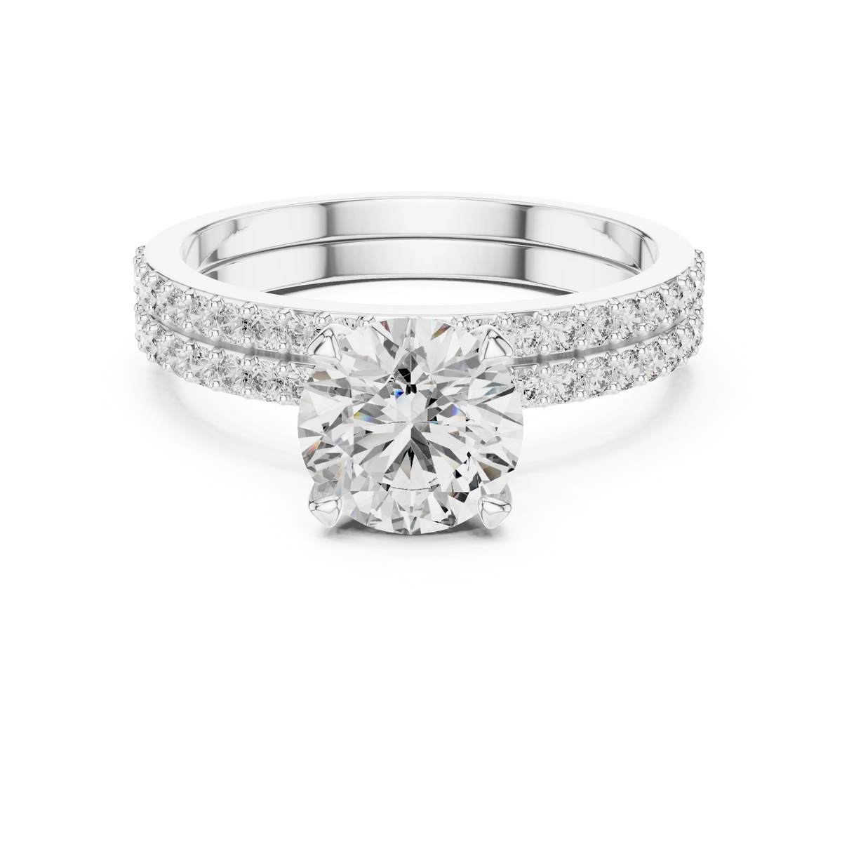 Round Solitaire Moissanite Ring with Double Pavé Band in white 925 sterling silver, view 4
