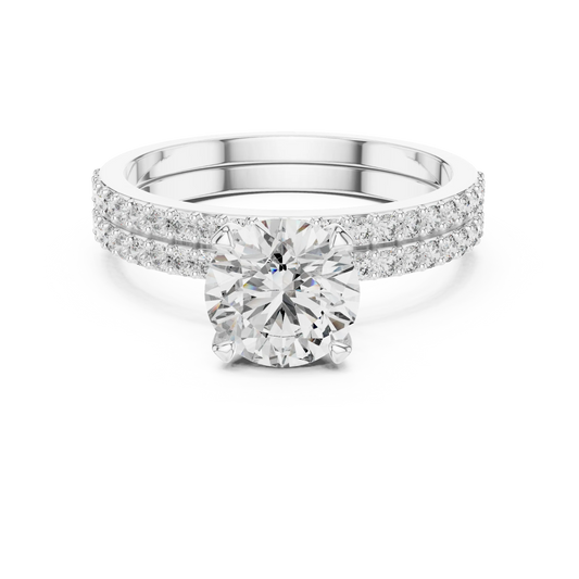 Round Solitaire Moissanite Ring with Double Pavé Band in white 925 sterling silver, view 4