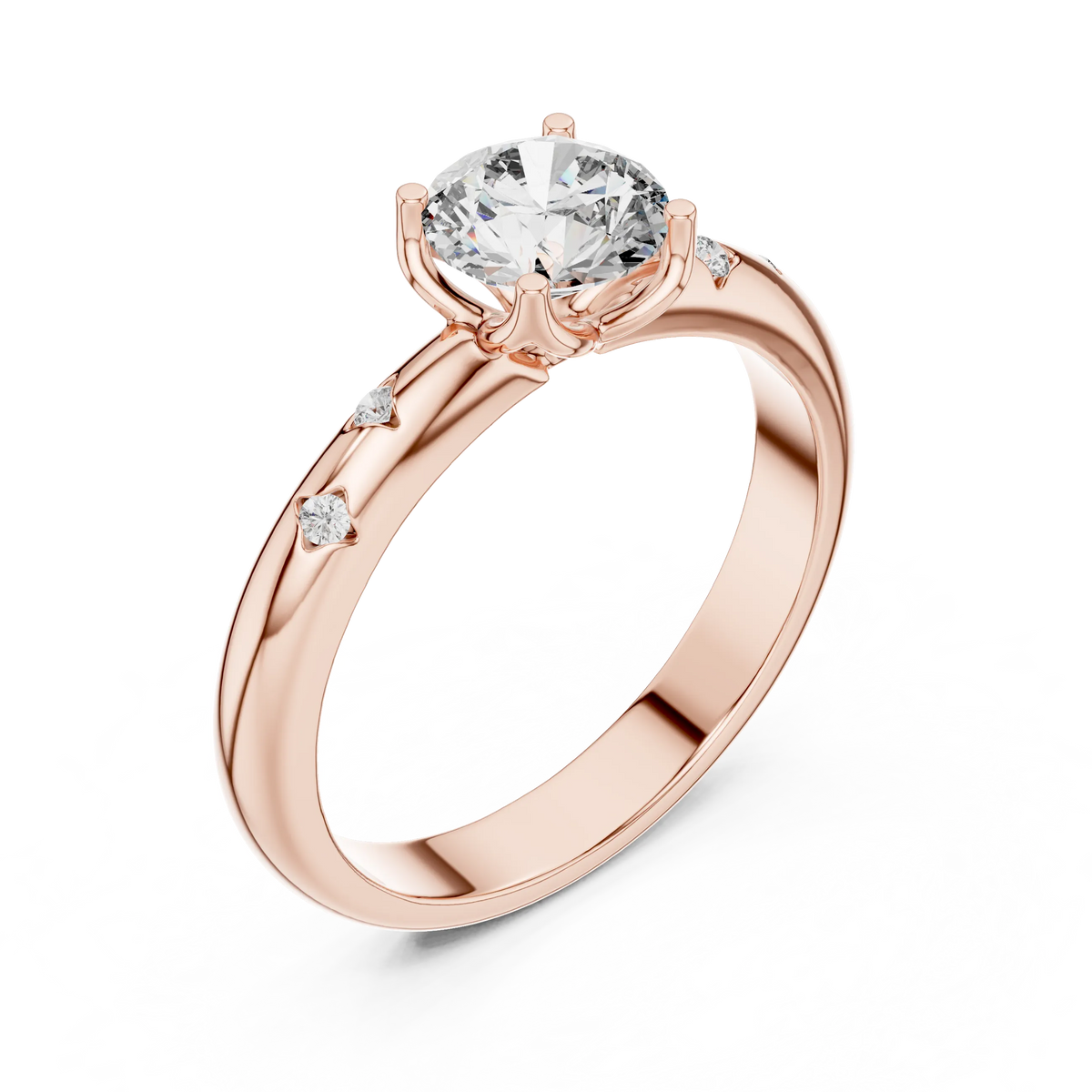 Round Solitaire Moissanite Ring with Bezel Accents in rose 925 sterling silver, view 2