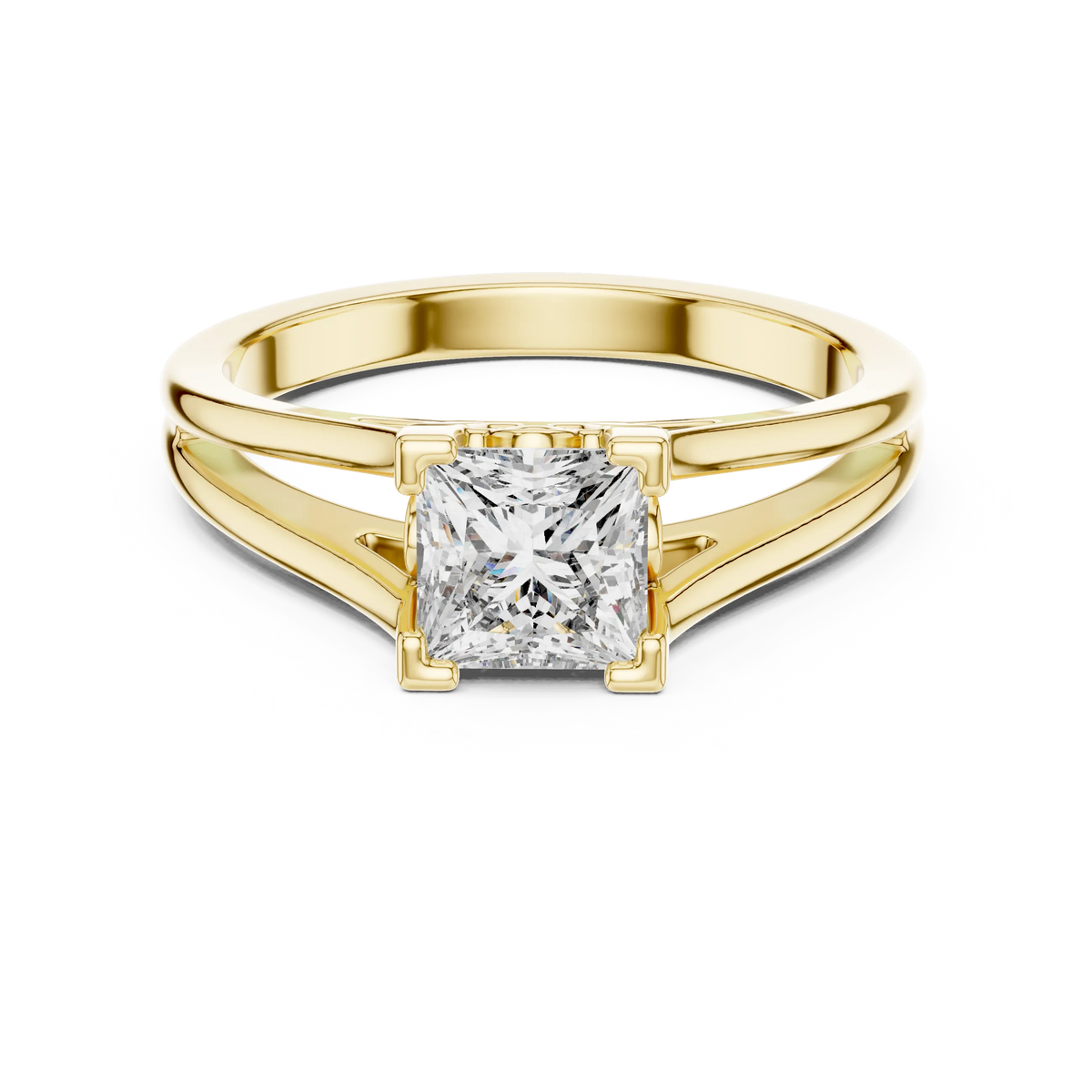 Princess Cut Solitaire Moissanite Split Shank Ring in yellow 925 sterling silver, view 4
