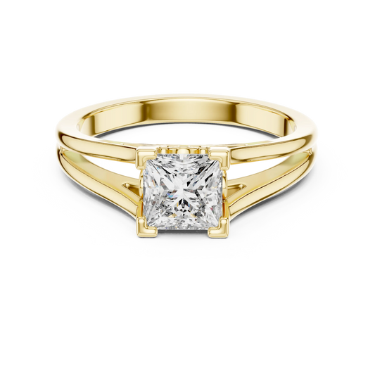 Princess Cut Solitaire Moissanite Split Shank Ring in yellow 925 sterling silver, view 4