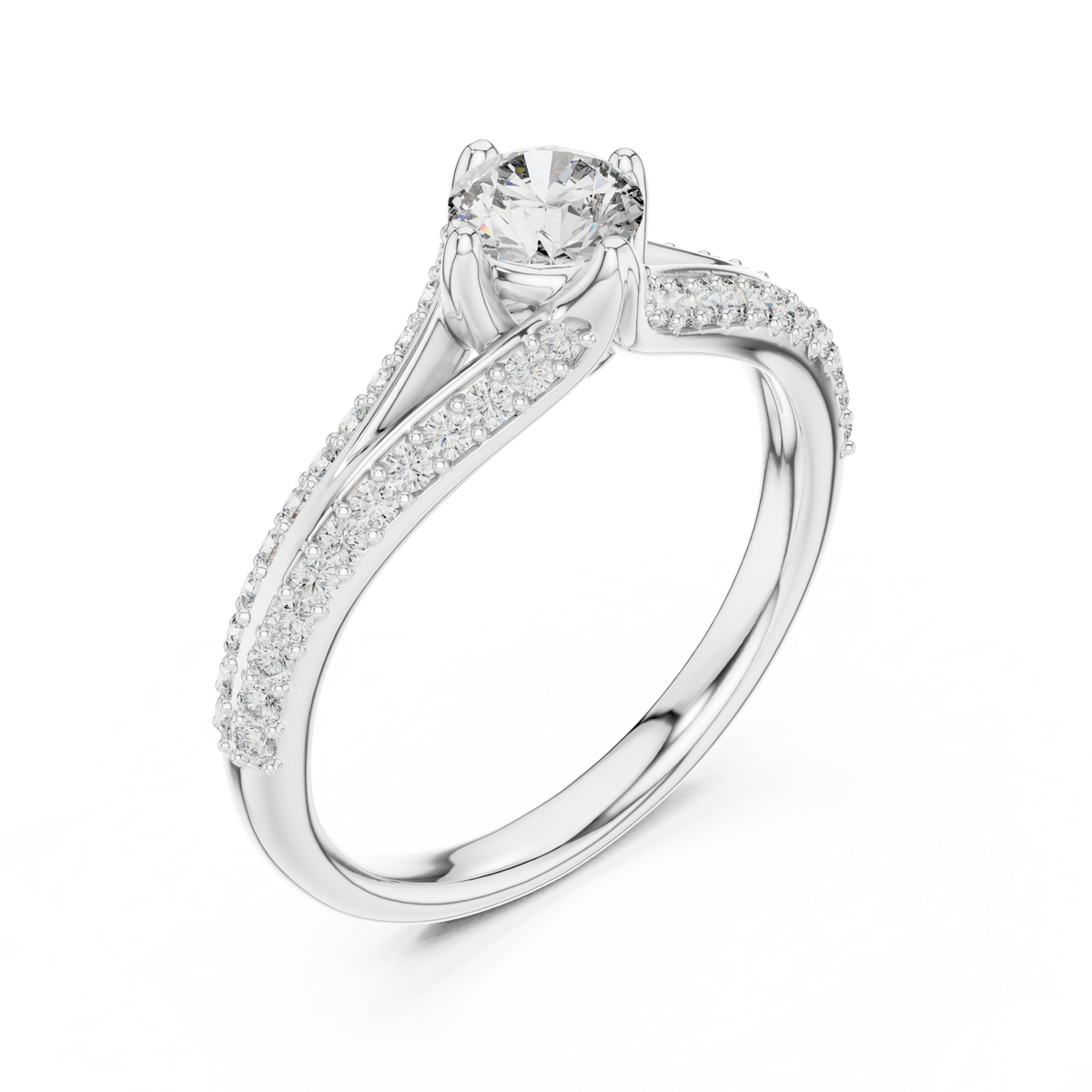 Round Compass Set Moissanite Bypass Ring with Pavé Split Shank in white 925 sterling silver, view 2