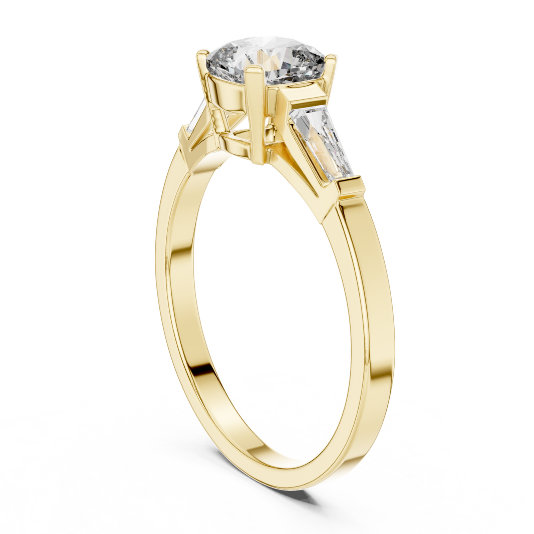 Cushion Cut Moissanite Ring with Tapered Baguette Sides in yellow 925 sterling silver, view 1