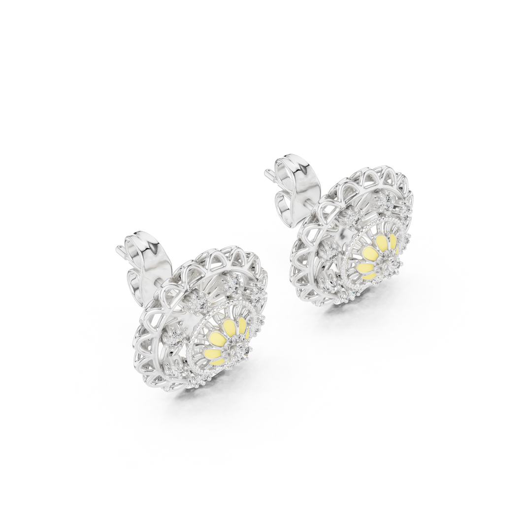 Moissanite Mandala Flower Stud Earrings in white 925 sterling silver, view 2