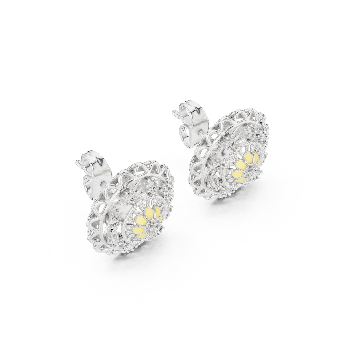 Moissanite Mandala Flower Stud Earrings in white 925 sterling silver, view 2