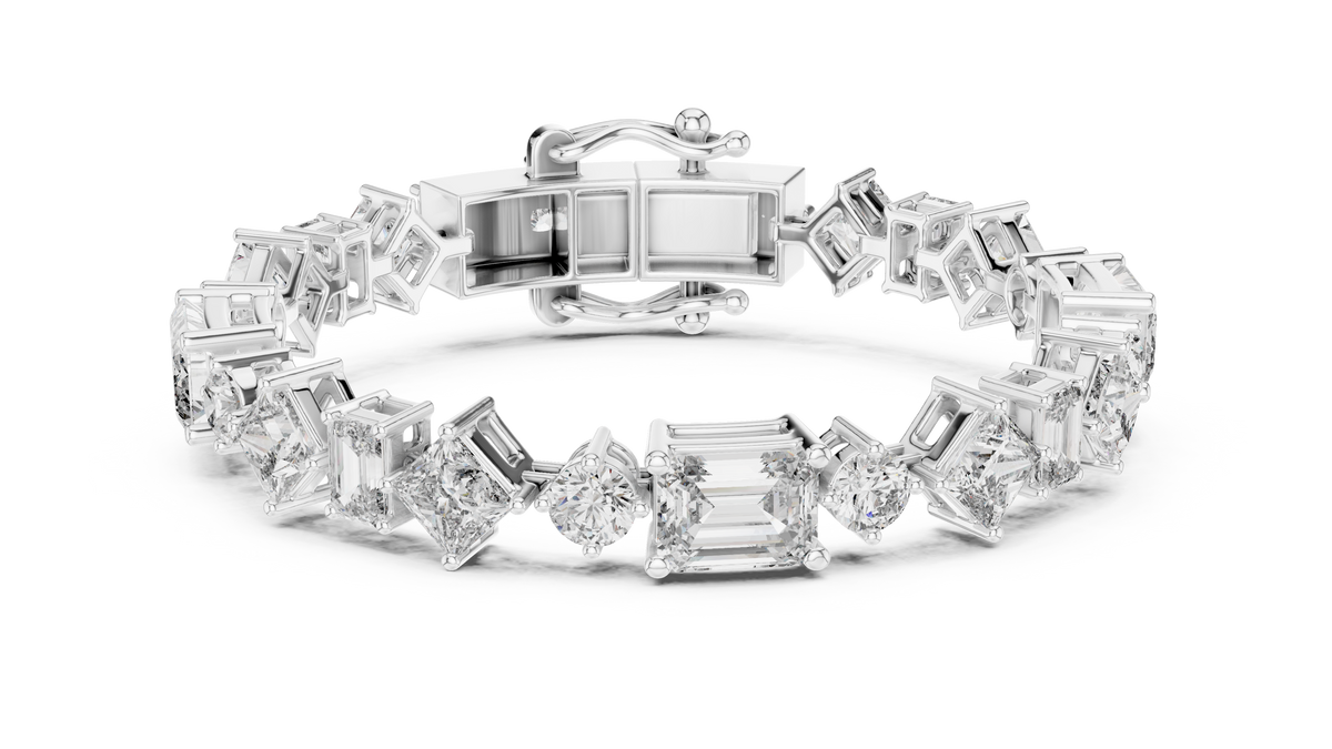 Mixed Shape Moissanite Station Link Bracelet in white 925 sterling silver, view 1