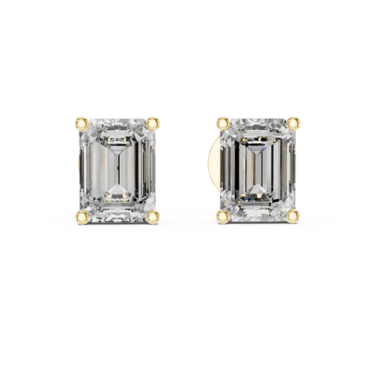 Emerald moissanite stud earrings in yellow 925 sterling silver, four-prong basket, view 4