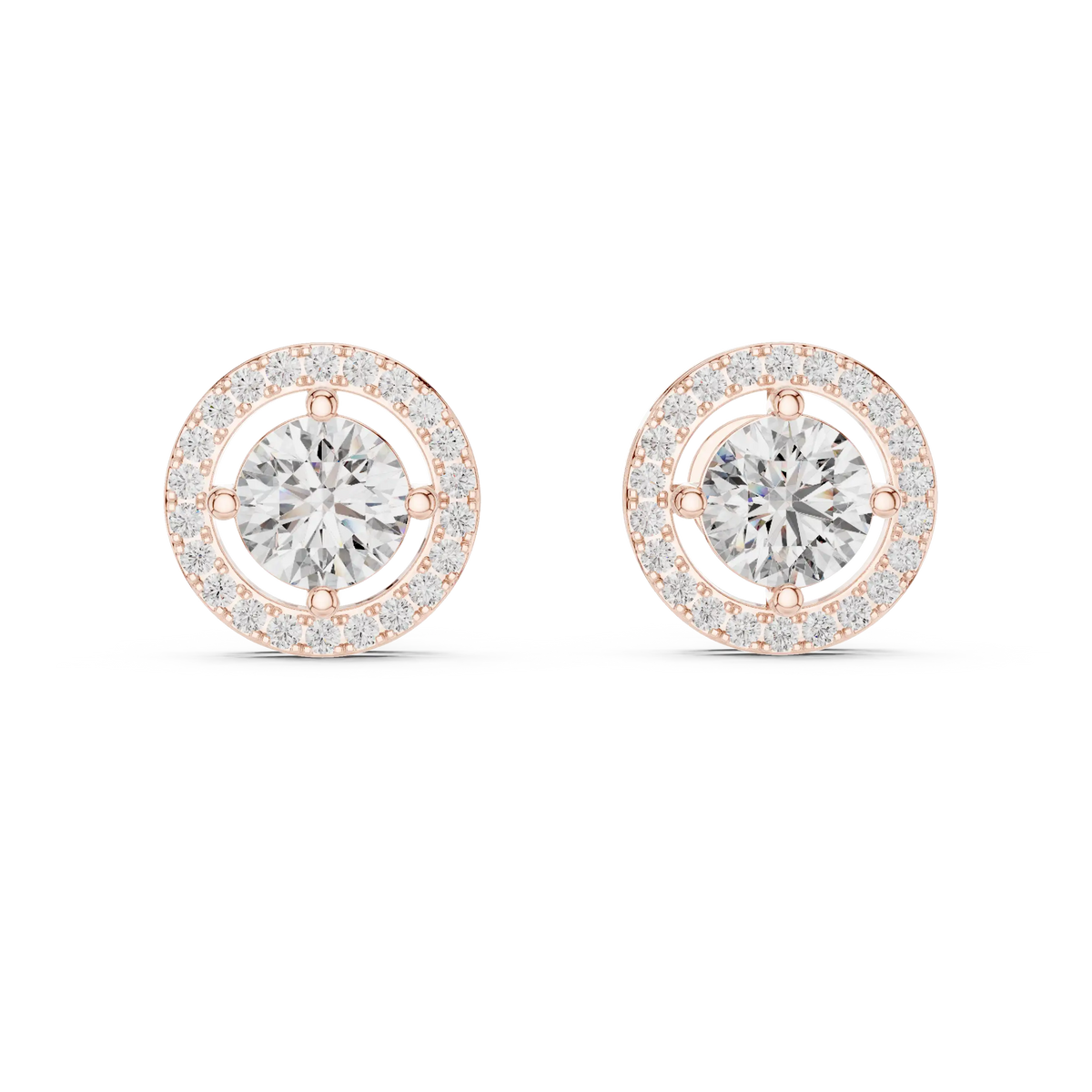 Round halo moissanite stud earrings in rose 925 sterling silver, four-prong halo, view 4